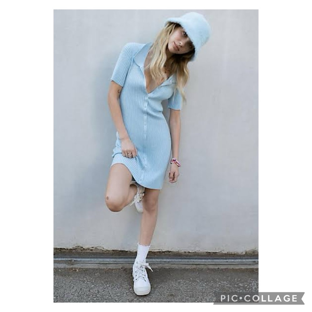 EUC Urban Outfitters Baby Blue Dale Ribbed Bodycon Polo Dress As seen On TV